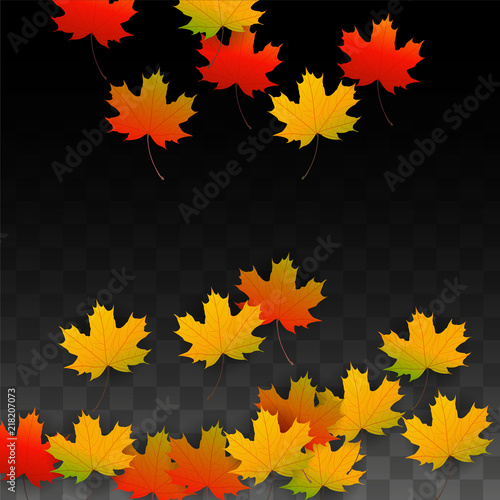 September Vector Background with Golden Falling Leaves. Autumn Illustration with Maple Red, Orange, Yellow Foliage. Isolated Leaf on Transparent Background. Bright Swirl. Suitable for Posters.