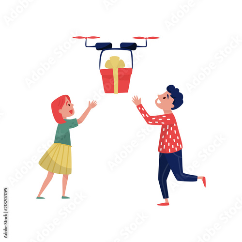 Drone quadrocopter delivering gift box to happy kids, boy and girl running to multicopter handling box order, fast delivery service vector Illustration on a white background