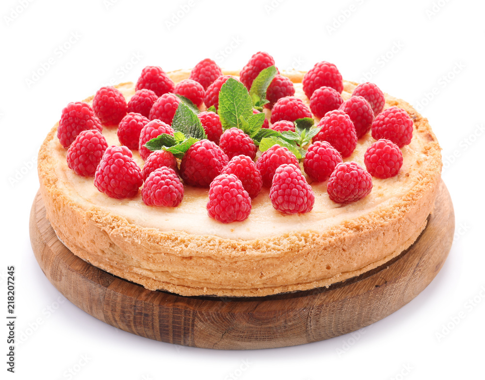 Delicious cheesecake with raspberries on white background Delicious cheesecake with raspberries on white background