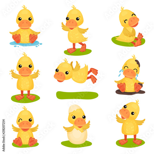 Cute little yellow duckling character set, chick duck in different poses and situations vector Illustrations on a white background