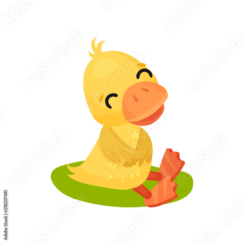 Funny smiling little yellow duckling character sitting on the grass vector Illustration on a white background