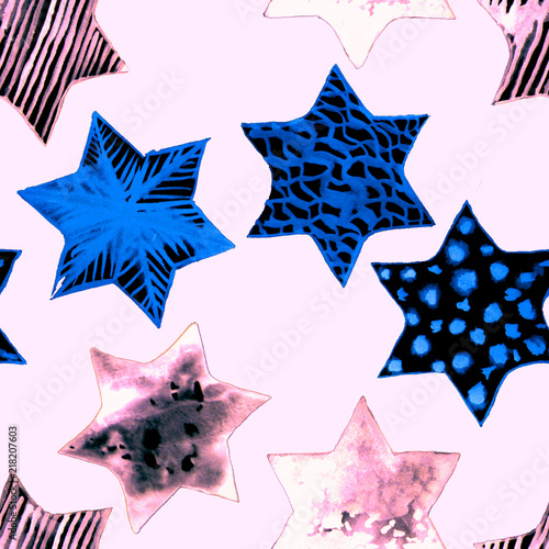 Seamless Watercolor Stars Pattern. Magic Festive Background. Hand Drawn Doodle Stars. Baby Design. Abstract Rapport for Wallpaper  Textile  Linen  Wrapping  Posters  Cards  Banner. New Year  Birthday 