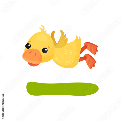 Cute funny little yellow duckling character flying vector Illustration on a white background