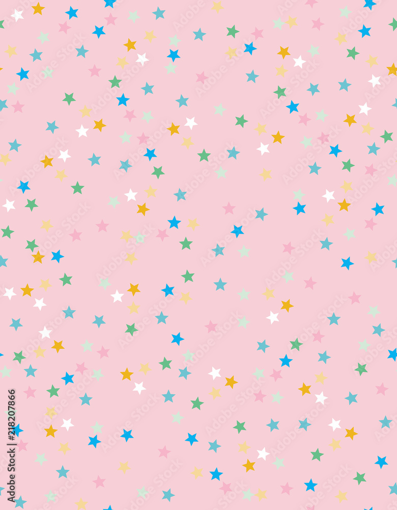 Abstract Geometric Vector Pattern. Light Pink Background. Multicolor Stars Confetti. Bright Pastel Colors. Irregular Seamless Design.