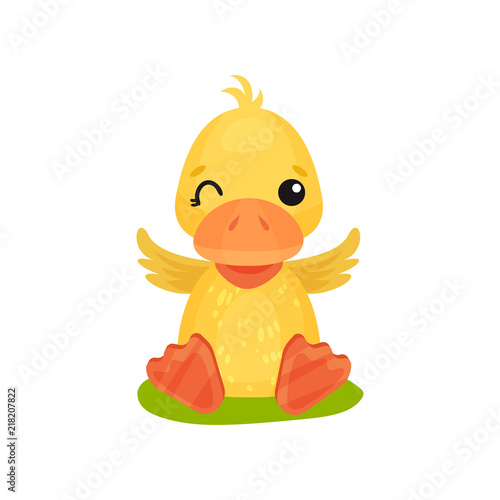 Cute little yellow duckling character sitting on the grass and winking vector Illustration on a white background