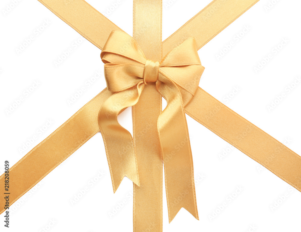 Fototapeta premium Golden ribbons with bow on white background