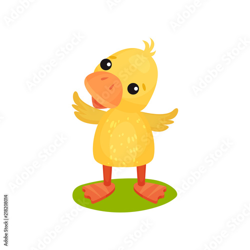 Cute little yellow duckling character standing on the grass vector Illustration on a white background