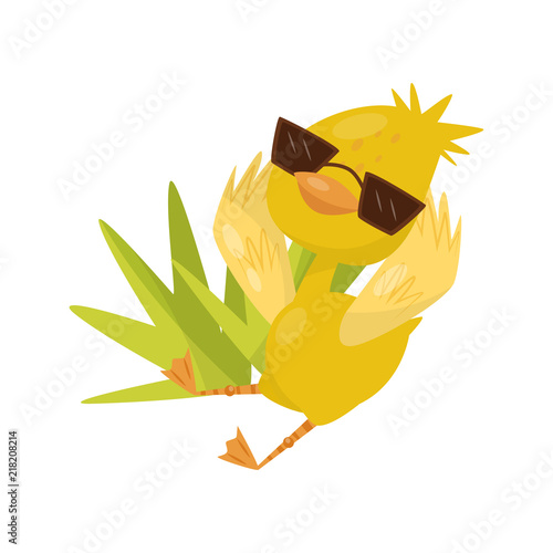 Cute little yellow duckling character wearing sunglasses on summer vacarion vector Illustration on a white background