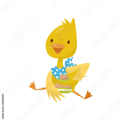 Cute little yellow duckling character sitting and eating with spoon vector Illustration on a white background