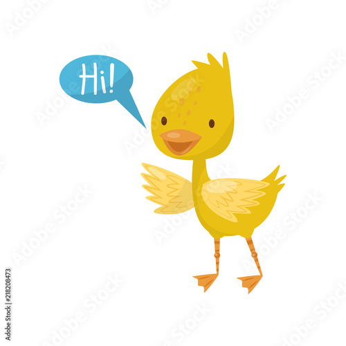 Cute little yellow duckling character saying Hi vector Illustration on a white background