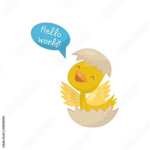 Cute little yellow duckling character hatching from egg saying Hello World vector Illustration on a white background