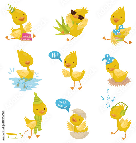 Cute funny little duckling character set, yellow chick duck in different situations vector Illustrations on a white background