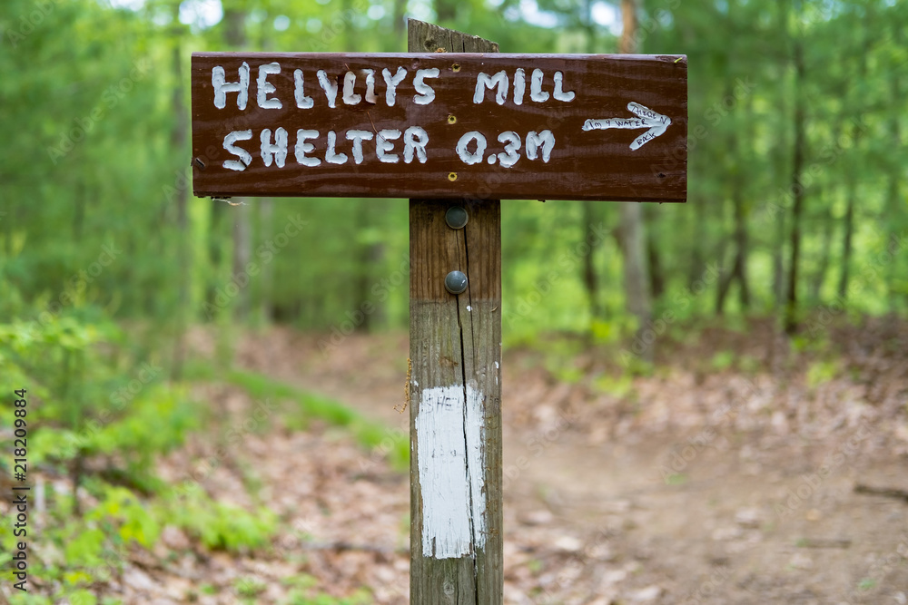 Trail sign with white blaze on the Appalachian Trail
