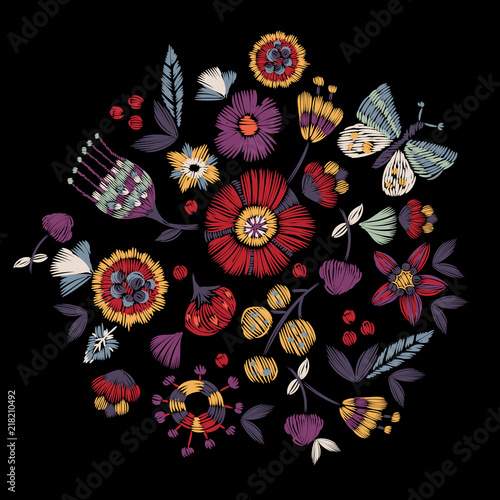 Embroidery ethnic pattern with simplified flowers and butterfly. Vector embroidered floral patch for print and fabric design.