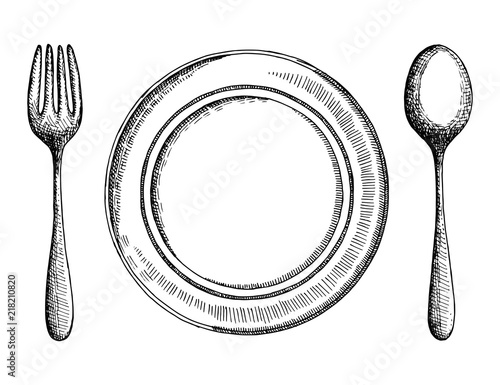 cutlery set of vintage isolated. plate fork and spoon set objects