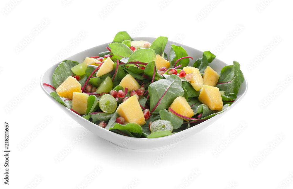 Plate with healthy fresh salad on white background