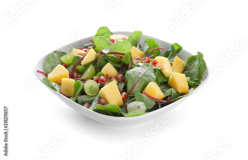 Plate with healthy fresh salad on white background