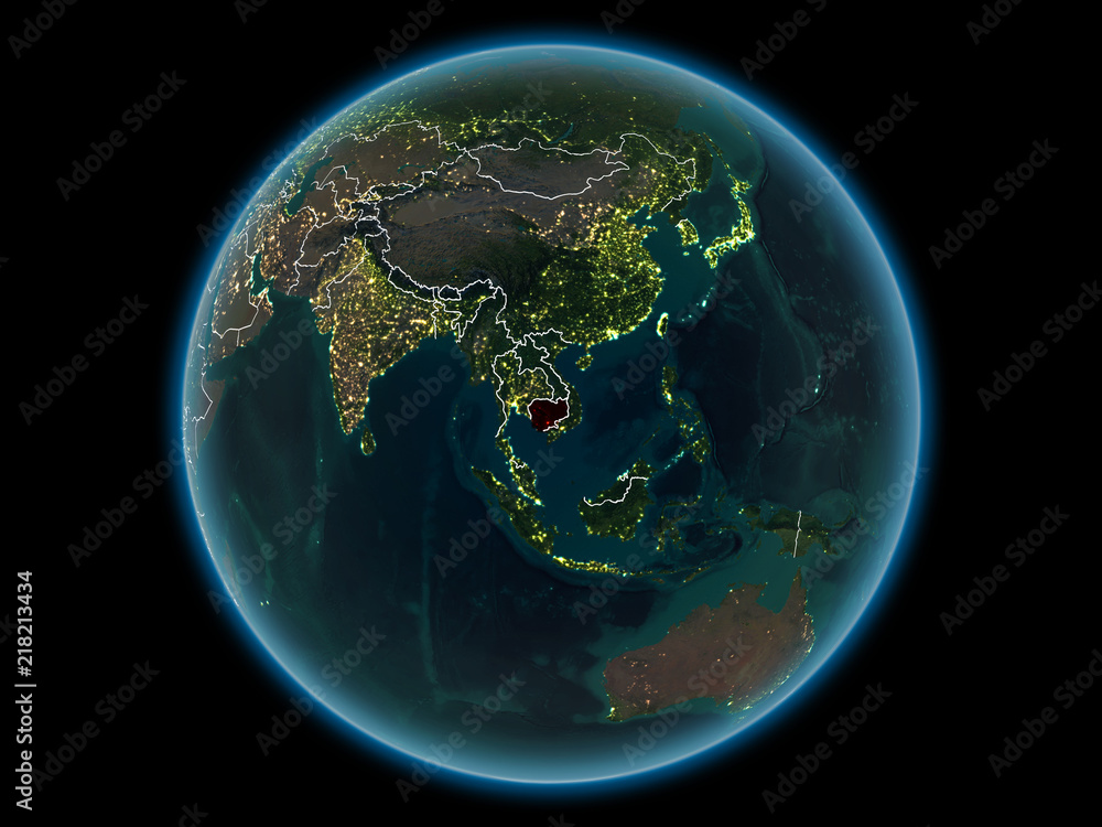 Fototapeta premium Cambodia on planet Earth from space at night
