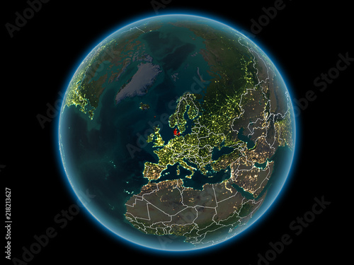 Fototapeta Naklejka Na Ścianę i Meble -  Denmark on planet Earth from space at night