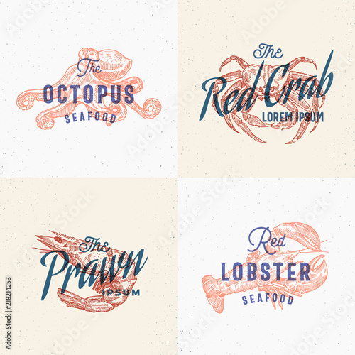 Seafood Labels Set. Retro Print Effect Cards. Abstract Vector Sign, Symbol or Logo Templates. Hand Drawn Lobster, Octopus, Shrimp and Crab with Typography. Vintage Emblem or Stamp.