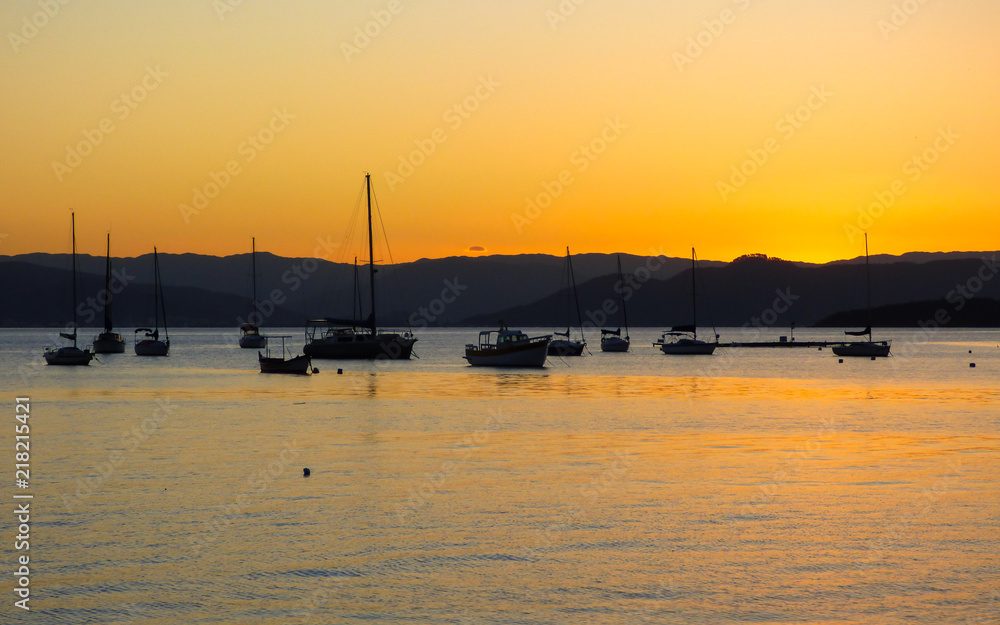 Boats and sunset colors in Santo Antonio de Lisboa, fishermen village in Florianopolis - Brazil