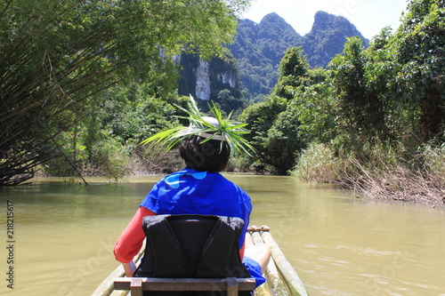 Rafting on a mountain river on bamboo rafts. Thailand. Phuket.