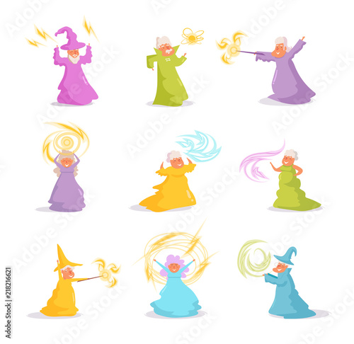 Sorcerer, wizard, set Vector. Cartoon. Isolated art on white background.