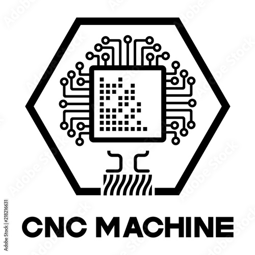 an illustration consisting of several images of the processor and the machine with numerical program control in the form of a symbol or logo
