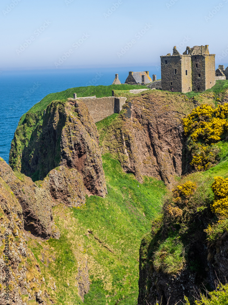 The reamins of the medieval fortress, Dunnottar Castle, located upon a rocky headland on the north-east coast of Scotland,