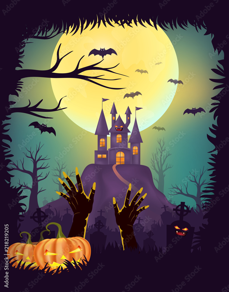 Happy Halloween poster design, Zombie hand rising from the grave, Castle and full moon background