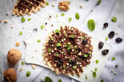 waffle with chocolate and mint