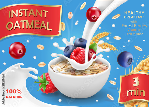 Oatmeal advertising with forest berries and milk splashing realistic. Oat flakes illustration