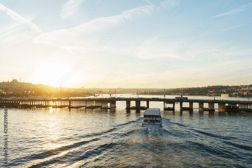 Fototapeta premium Sunset in Istanbul cityline and skyline from the Bosphorus.