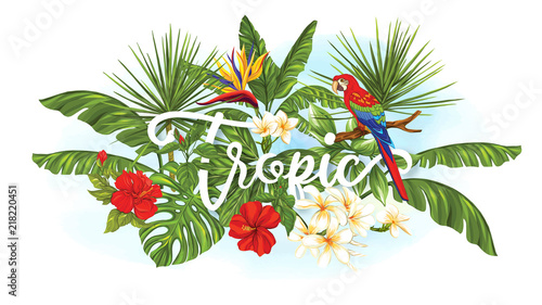 Template of poster, banner, postcard with tropical flowers and plants and bird on white background. Stock vector illustration