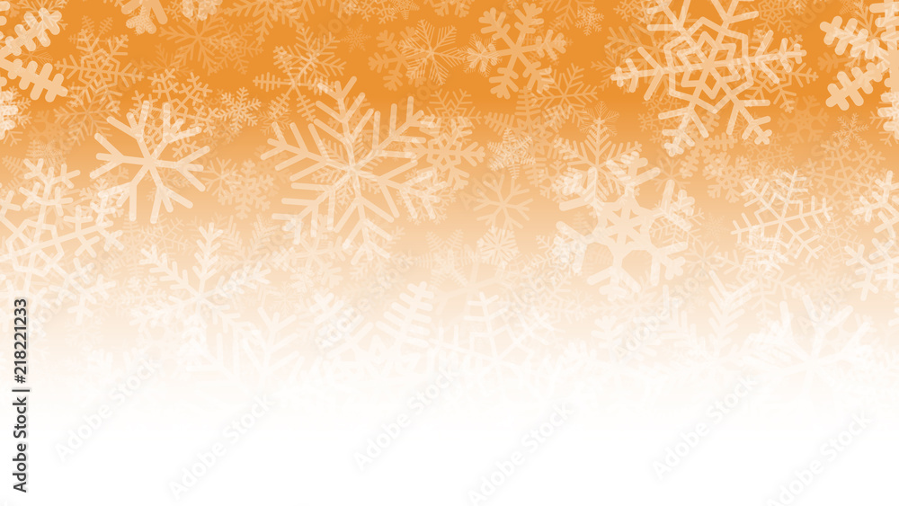 Christmas illustration of many layers of snowflakes of different shapes, sizes and transparency. On gradient background from orange to white. Christmas illustration of many layers of snowflakes of different shapes, sizes and transparency. On gradient background from orange to white.