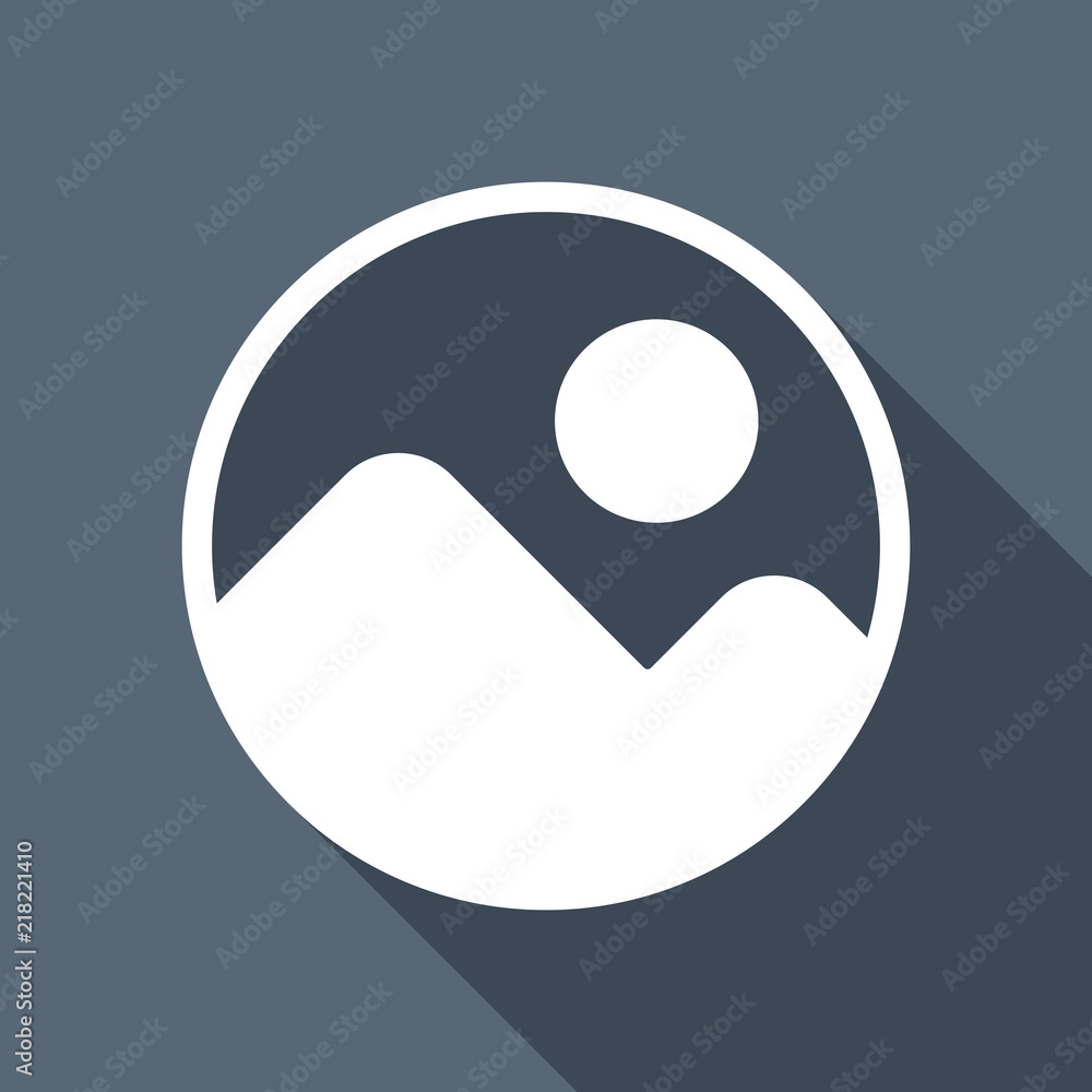 Simple picture icon. White flat icon with long shadow on backgro Simple picture icon. White flat icon with long shadow on backgro