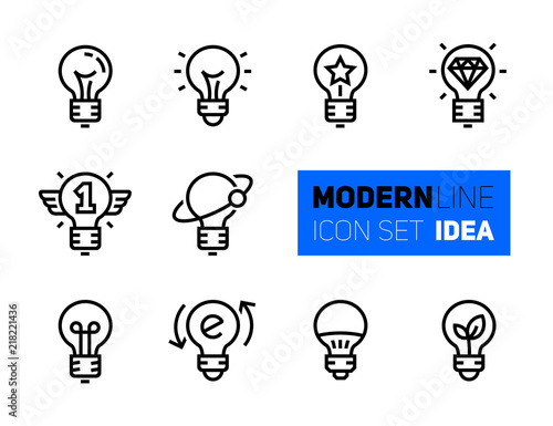Outline icons set of idea symbols. Vector collection, modern stroke pictogram of light bulb CFL and LED lamp, eco energy. Concept bold outline symbols.