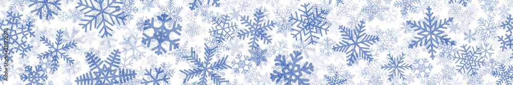 Christmas horizontal seamless banner of many layers of snowflakes of different shapes, sizes and transparency. Blue on white