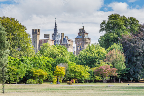 Photography View on Cardiff castle from  Bute park in the centre of Cardiff, Wales, UK