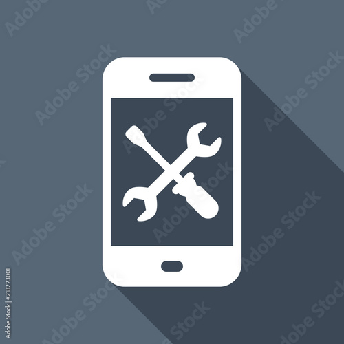 Phone repair service icon. White flat icon with long shadow on b