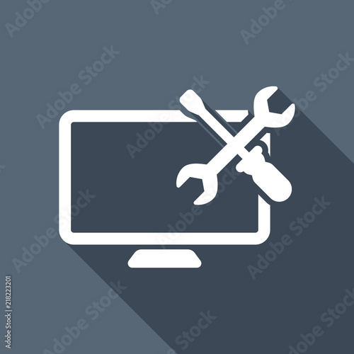 Computer repair service. White flat icon with long shadow on bac