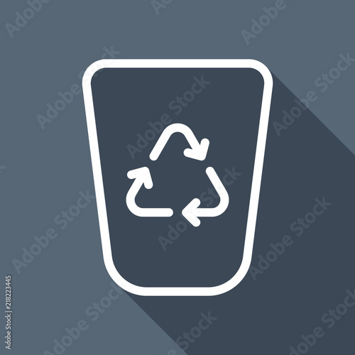 Recucle bin, reuse symbol on backet. Linear, thin outline. White