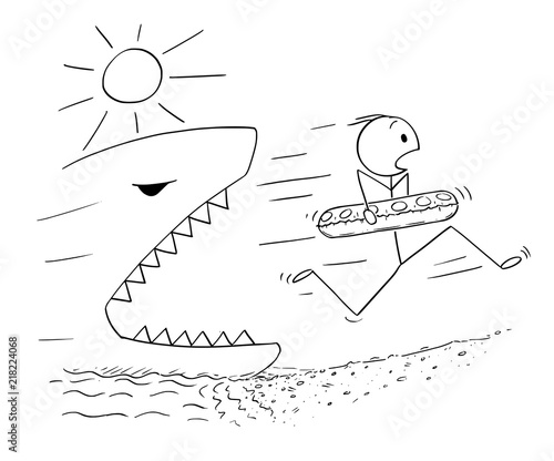 Cartoon stick drawing conceptual illustration of man holding inflatable swimming ring and running on the beach away from big or giant shark or fish.