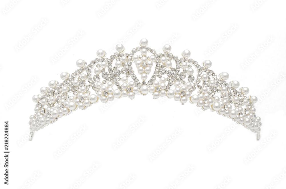 silver diadem with diamonds and pearls isolated on white silver diadem with diamonds and pearls isolated on white