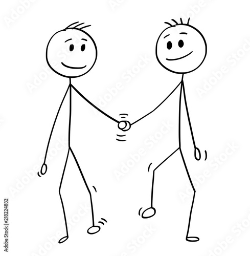 Cartoon stick drawing conceptual illustration of homosexual couple of two gay men walking together and holding each others hand.