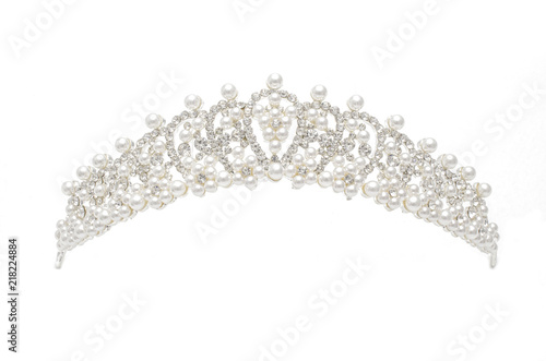 silver diadem with diamonds and pearls isolated on white