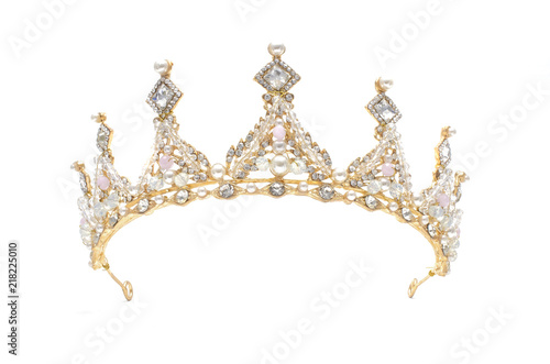 golden crown with pearls and beads isolated on white