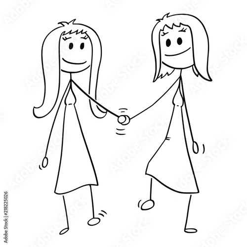 Cartoon stick drawing conceptual illustration of homosexual couple of two lesbian women walking together and holding each others hand.