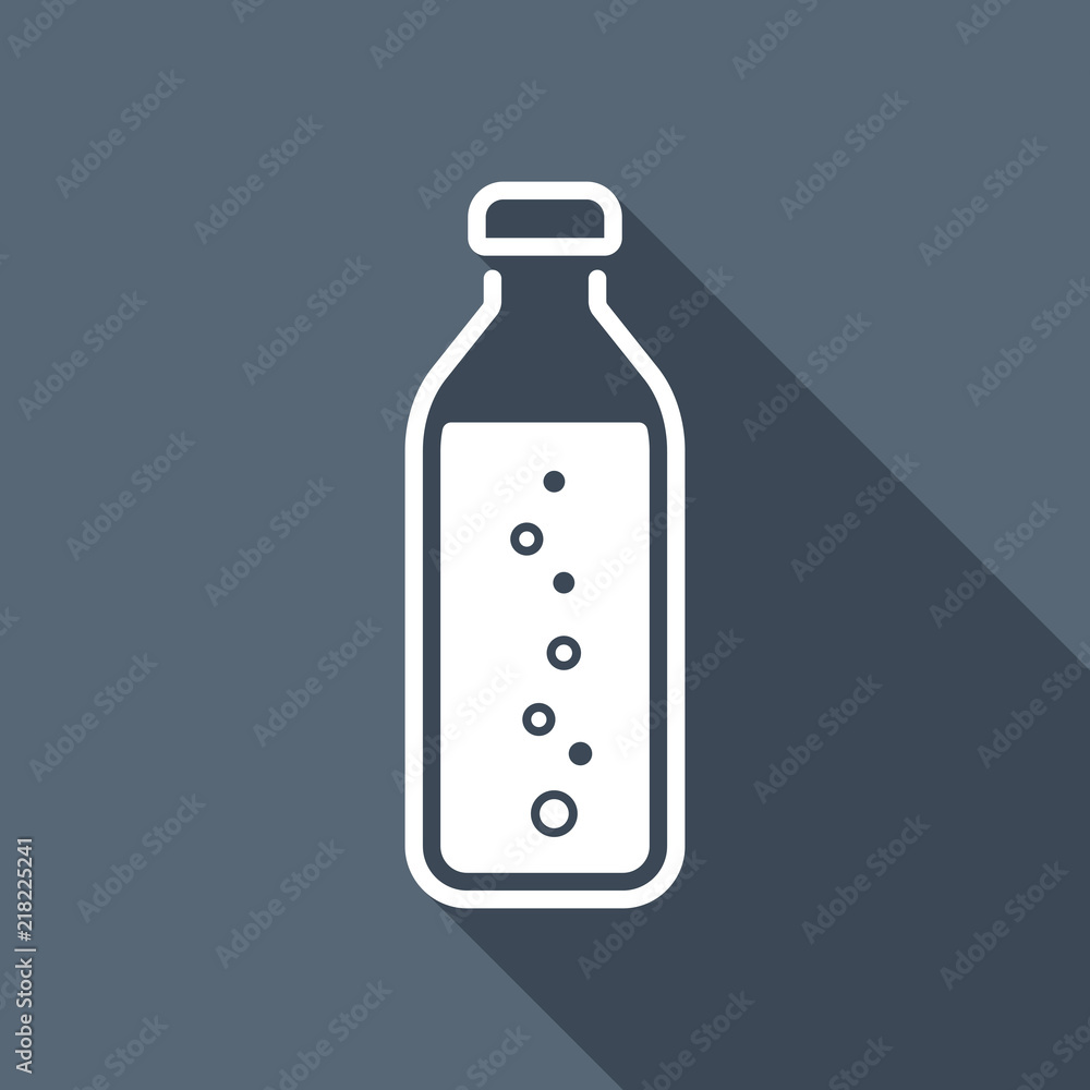 bottle of water with bubbles, simple icon. White flat icon with bottle of water with bubbles, simple icon. White flat icon with