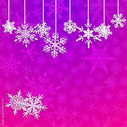 Christmas illustration with white hanging snowflakes on purple background © Olga Moonlight